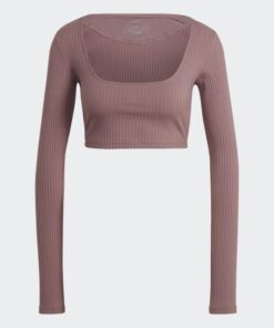 تيشيرت قصير بشعار الماركة مع أكمام طويلة من اديداس بلوزه رياضية للنساء لون زهري Adidas STUDIO LOUNGE RIBBED CROPPED LONG SLEEVE TEE