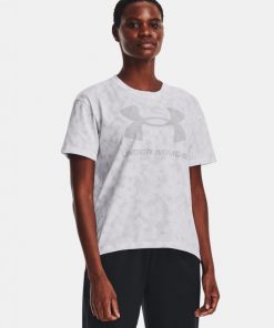 Under Armour Women's Logo Printed Heavyweight T-Shirts- تيشيرت أندر آرمر لوجو برينتد هيفي ويت للنساء لون رمادي وأبيض