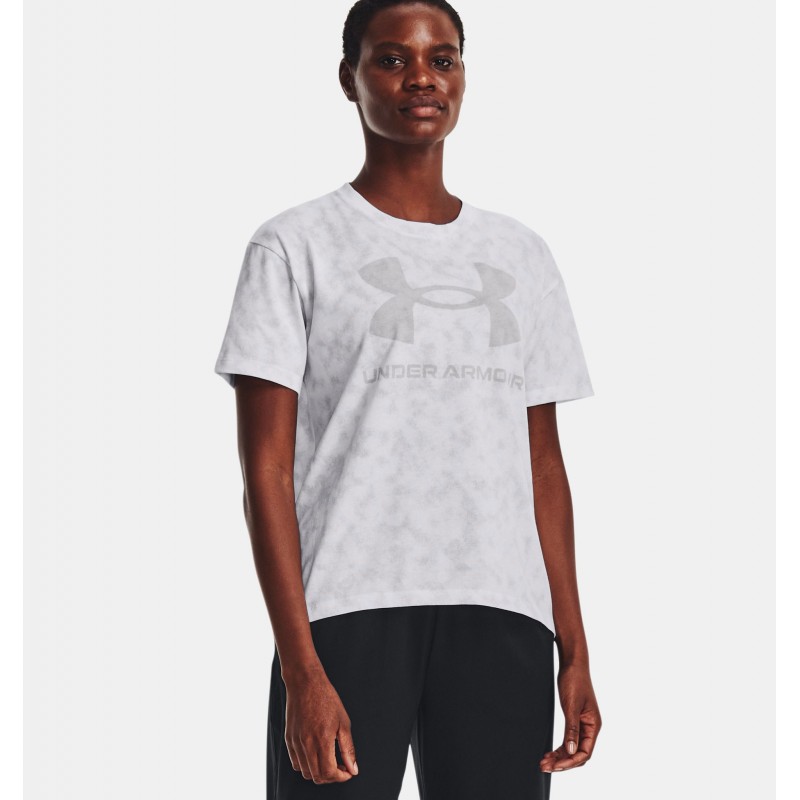Under Armour Women's Logo Printed Heavyweight T-Shirts- تيشيرت أندر آرمر لوجو برينتد هيفي ويت للنساء لون رمادي وأبيض