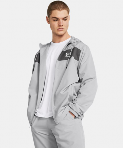 جاكيت أندر آرمر سبورت ستايل ويندبريكر ضد الماء للرجال لون رمادي فاتح- Under Armour Men's Sportstyle Windbreaker Jacket