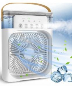 مروحة تبريد هواء منزلية صغيرة ب 5 سرعات، مع 7 ألوان إضاءة LED ليلية، و 5 فتحات لرذاذ الماء للتبريد - تعمل بالكهرباء من خلال سلك USB - لون أبيض