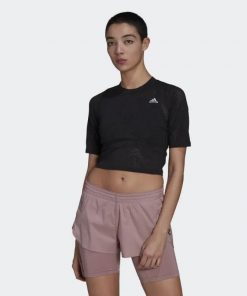 adidas Womens' Run Fast Lace Crop Running T-Shirt - تيشيرت اديداس رن فاست ليس كروب للنساء لون أسود