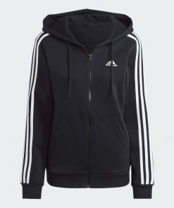 adidas Womens' Essentials 3-Stripes Full-Zip Fleece Hoodie - Black