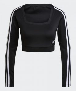 تيشيرت قصير بطباعة ثلاث خطوط مع أكمام طويلة من اديداس بلوزه رياضية للنساء لون أسود Adidas STUDIO LOUNGE RIBBED CROPPED LONG SLEEVE TEE